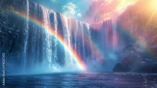 Rainbows arching over waterfalls, natures masterpiece at the edge of cascades
