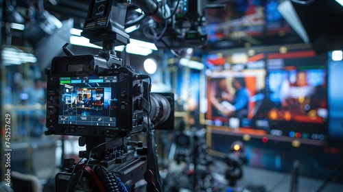 mass media and television explored with modern video camera capturing digital display recording an interview in a tv show studio, blurry background photo