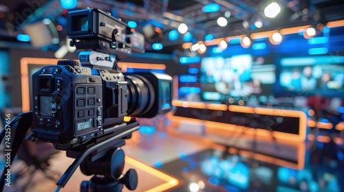 behind the scenes of making of movie and tv, modern video camera with a digital display recording an interview in a tv show studio, blurry background