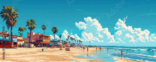 Retro pop art meets digital age on a bustling beach, vibrant, whimsical photo