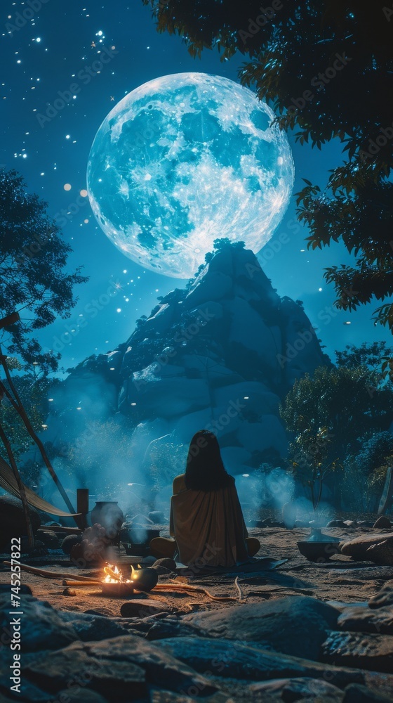 Shamanistic ritual under the moon, connecting with ancient spirits and nature Shamanistic ritual under the moon, connecting with ancient spirits and nature