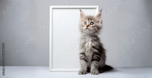 Cute Maine Coon kitten in front of a white frame
