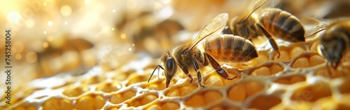 Honey bees sitting on honeycomb, closeup macro shot. beekeeping conception photo