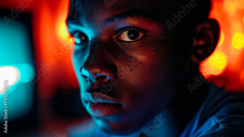 Teenage boy, eyes wide, lit by TV's eerie glow during a dark room gaming session. Immersion in a virtual world, showcasing youthful concentration and the thrill of digital adventures at night.