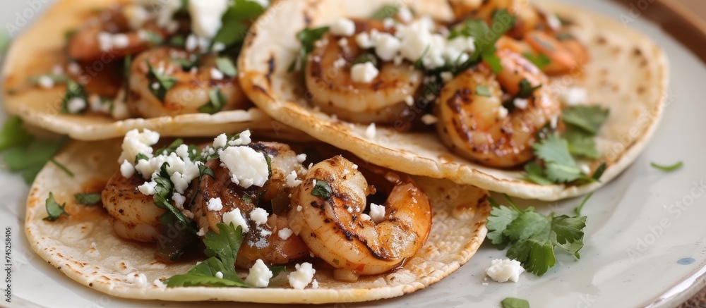 A white plate is displayed with chipotle shrimp tacos on white corn tortillas, topped with flavorful cotija cheese. The shrimp is cooked to perfection, providing a burst of seafood goodness with each A white plate is displayed with chipotle shrimp tacos on white corn tortillas, topped with flavorful cotija cheese. The shrimp is cooked to perfection, providing a burst of seafood goodness with each