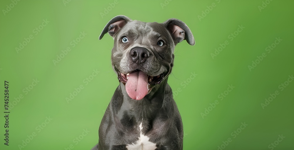 Pit bull dog with tongue hanging out on a green background. Pit bull dog with tongue hanging out on a green background.