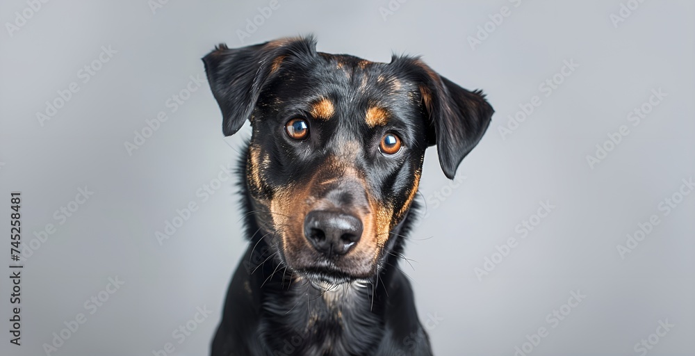 Portrait of a beautiful mixed breed dog. Studio shot on grey background. Portrait of a beautiful mixed breed dog. Studio shot on grey background.