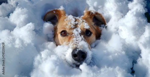 Jack russell terrier lies in the snow in winter.