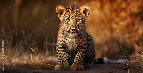 Leopard cub sitting in the savannah at sunset. 3D rendering © monsifdx