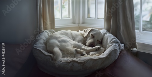 Labrador retriever puppy sleeping on a bed in the morning.
