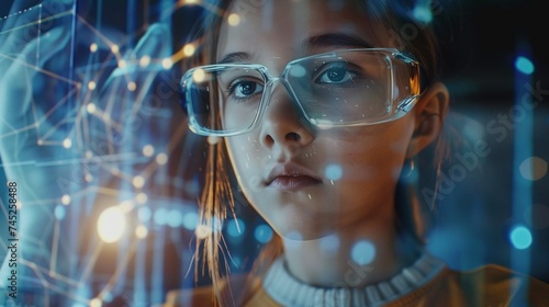 young girl experiences augmented reality with futuristic processor in a science concept, illustrating technology advancement and modern communication