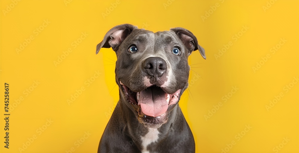 Portrait of a cute blue American Pit Bull Terrier on a yellow background - obrazy, fototapety, plakaty 
