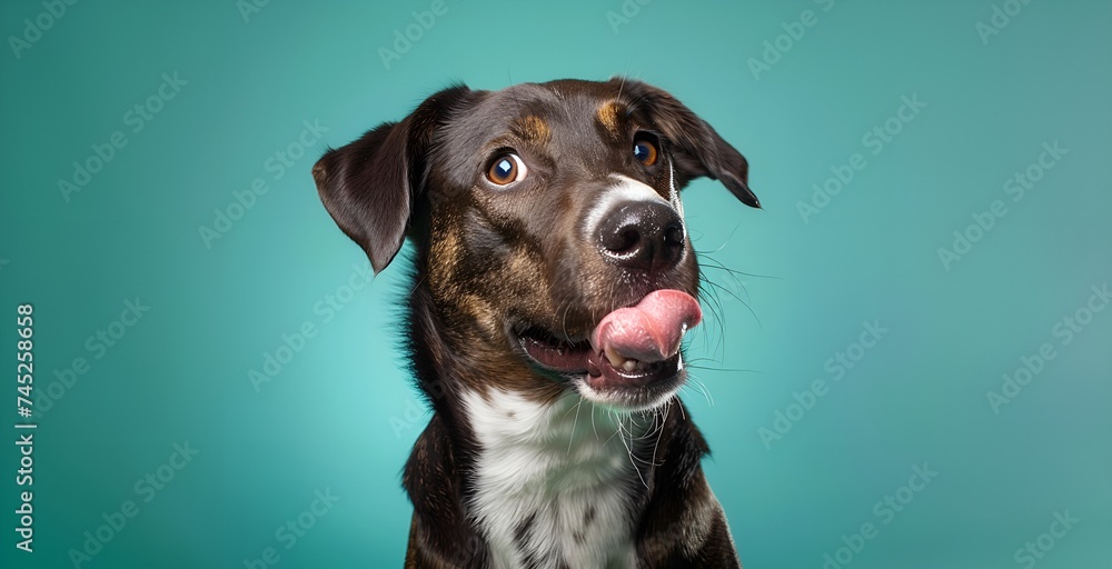 Portrait of a cute mixed breed dog licking his tongue on a blue background