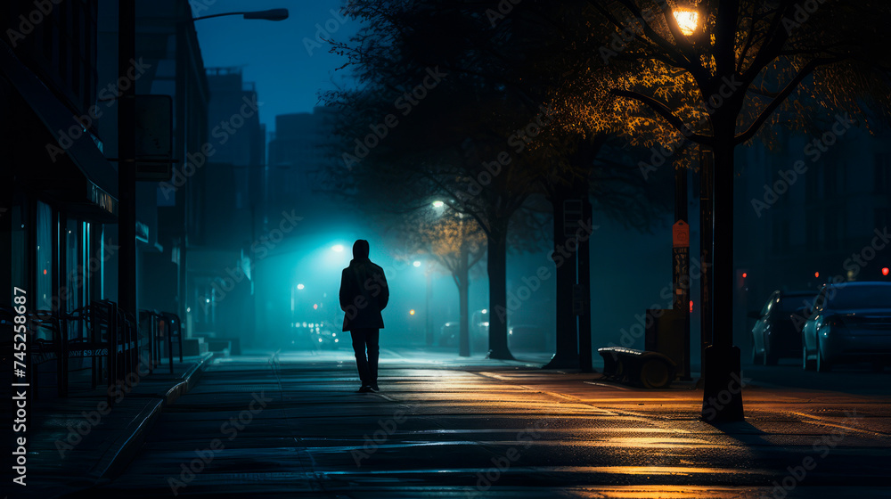A lone figure traverses a fog-enshrouded street at night, embodying deep solitude and contemplation. This urban scene, bathed in mystery and calm, invites introspective journeys and quiet reflection. A lone figure traverses a fog-enshrouded street at night, embodying deep solitude and contemplation. This urban scene, bathed in mystery and calm, invites introspective journeys and quiet reflection.
