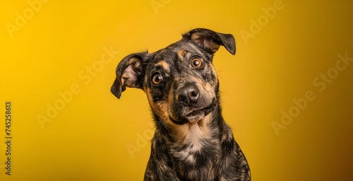Portrait of a cute black and tan dog on a yellow background