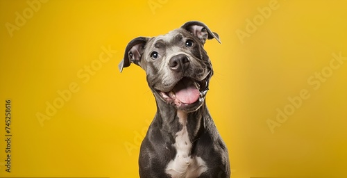 Portrait of a cute blue American Pit Bull Terrier dog isolated on yellow background
