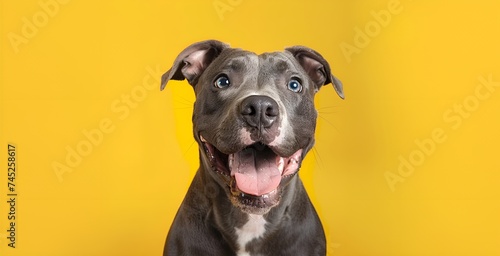 Portrait of a cute blue American Pit Bull Terrier on a yellow background photo