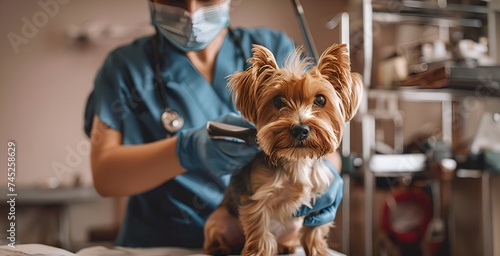 Portrait of a cute little dog being examined by a veterinarian. © monsifdx