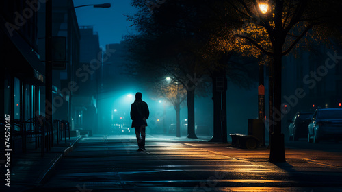 A lone figure traverses a fog-enshrouded street at night, embodying deep solitude and contemplation. This urban scene, bathed in mystery and calm, invites introspective journeys and quiet reflection.