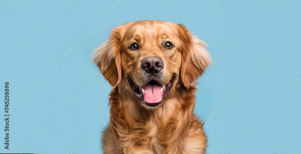 Studio shot of an adorable Golden Retriever dog isolated on blue background.