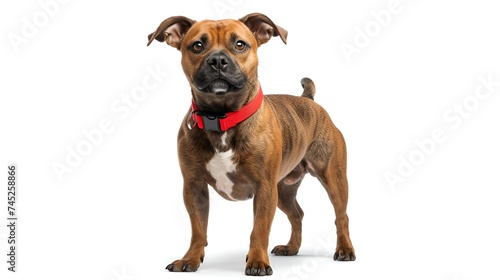 Staffordshire bull terrier with red collar isolated on white background