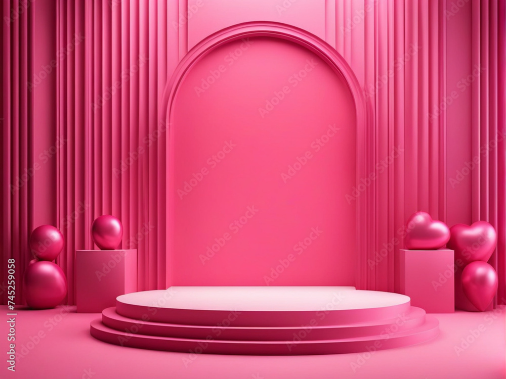 Pink podium background for product, Symbols of love for women's holiday, Valentine's Day, 3D rendering. Pink podium background for product, Symbols of love for women's holiday, Valentine's Day, 3D rendering.