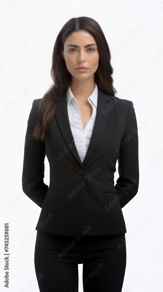 Generative AI woman in a formal suit arms crossed in front of you wide shot Generative AI woman in a formal suit arms crossed in front of you wide shot