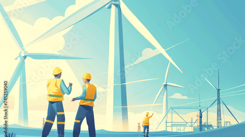 vector of clean renewable and alternative energy from wind turbine, windmill and solar energy generate electricity energy power with maintenance and electrical engineer