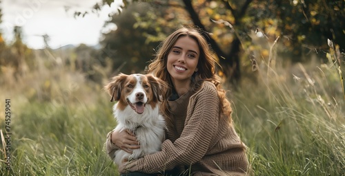 Beautiful young woman with her dog in the autumn park. Pet care concept.