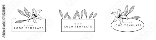 Set of hand drawn vector floral logos with lily flowers on a white background. Floral frames, badges, logo design template
