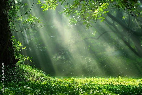 a tranquil natural setting. The foreground is adorned with vibrant green grass, its blades distinct and healthy. In the background, sunlight filters through foliage