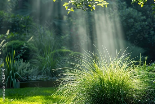 a tranquil natural setting. The foreground is adorned with vibrant green grass  its blades distinct and healthy. In the background  sunlight filters through foliage