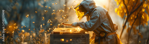 Beekeeper holding a honeycomb full of bees, working collect honey. Beekeeping. photo