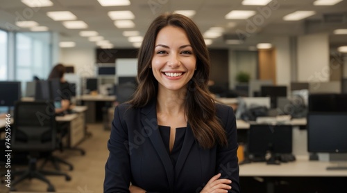 Assured woman with smile at contemporary office setup 