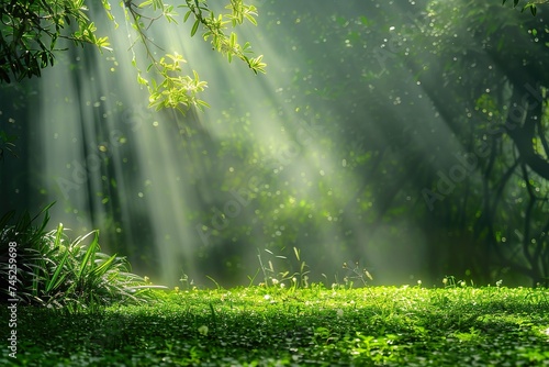 a tranquil natural setting. The foreground is adorned with vibrant green grass  its blades distinct and healthy. In the background  sunlight filters through foliage