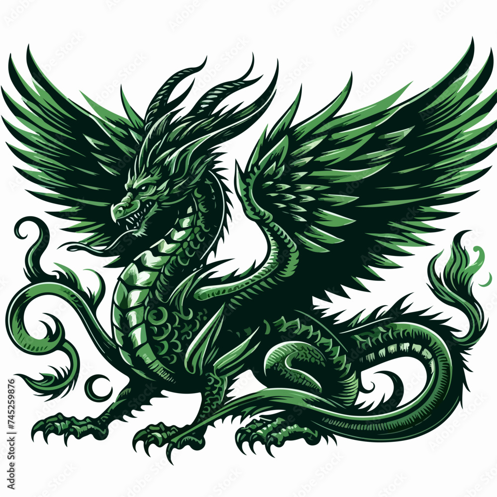 SCARY GREEN DRAGON ARTWORK WITH WING HAND DRAWN