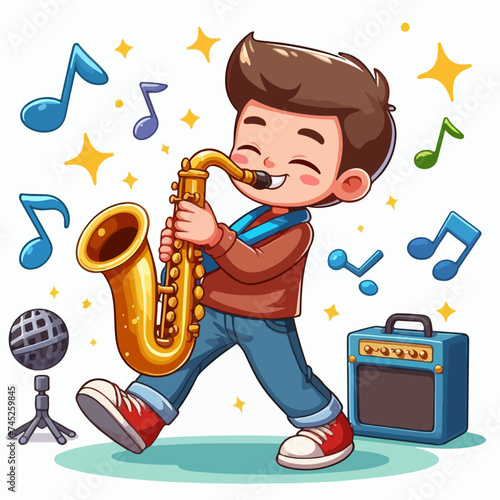 CARTOON KID musician plays saxophone