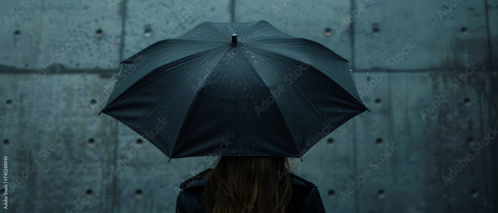 Person under a black umbrella against a rainy concrete background. - obrazy, fototapety, plakaty 