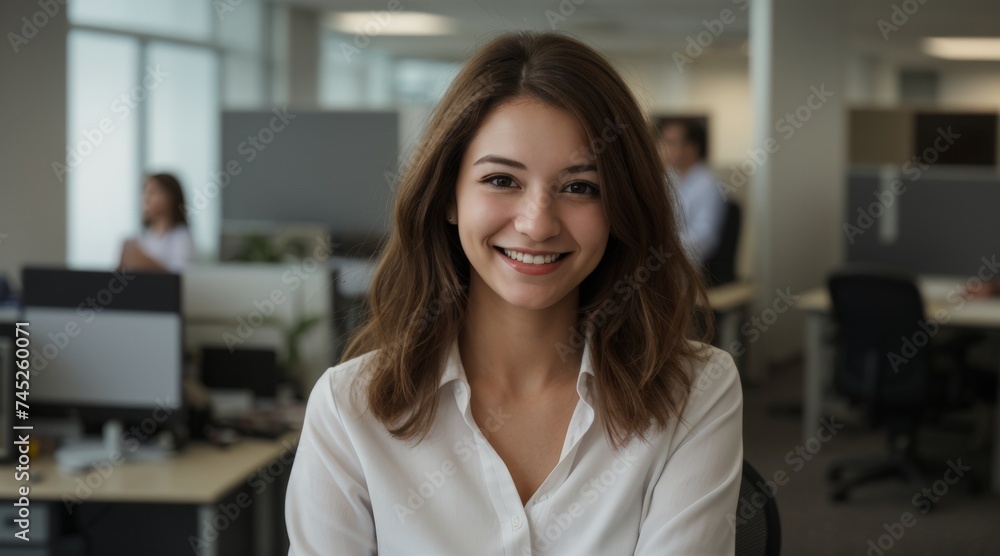 Blissful woman in white with a blurred office setting Blissful woman in white with a blurred office setting