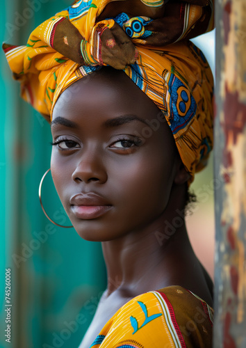 A Portrait of a Young African Woman Wearing a Vibrant Yellow Head
