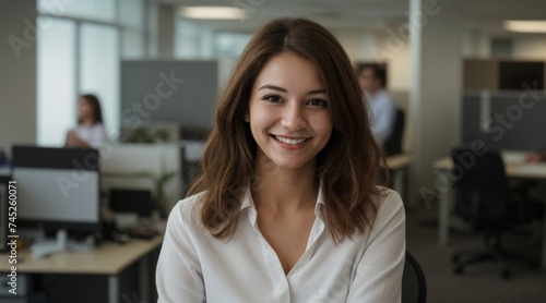 Blissful woman in white with a blurred office setting 