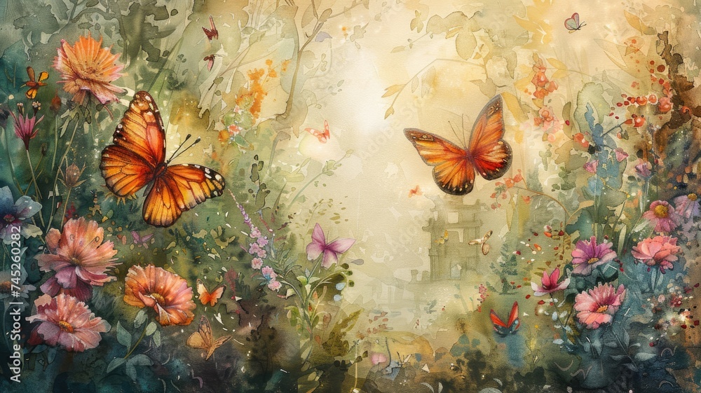 Pastel tones painting a dreamlike forest glade butterflies dancing around vibrant flowers