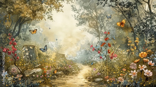 dreamlike forest glade butterflies dancing around vibrant flowers