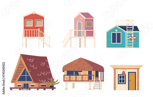 Beach Houses Set. Collection Of Summer Residences For Tranquil Seaside Living. With Panoramic View And Beachfront Access