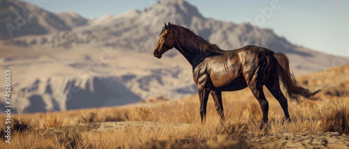 Majestic horse stands alone in the vastness of a wild  open landscape  signifying freedom and beauty.