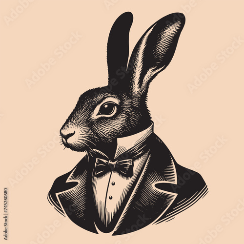 A hare in a tailcoat . Vintage engraving black and white vector illustration. Logo, emblem, woodcut. isolated object