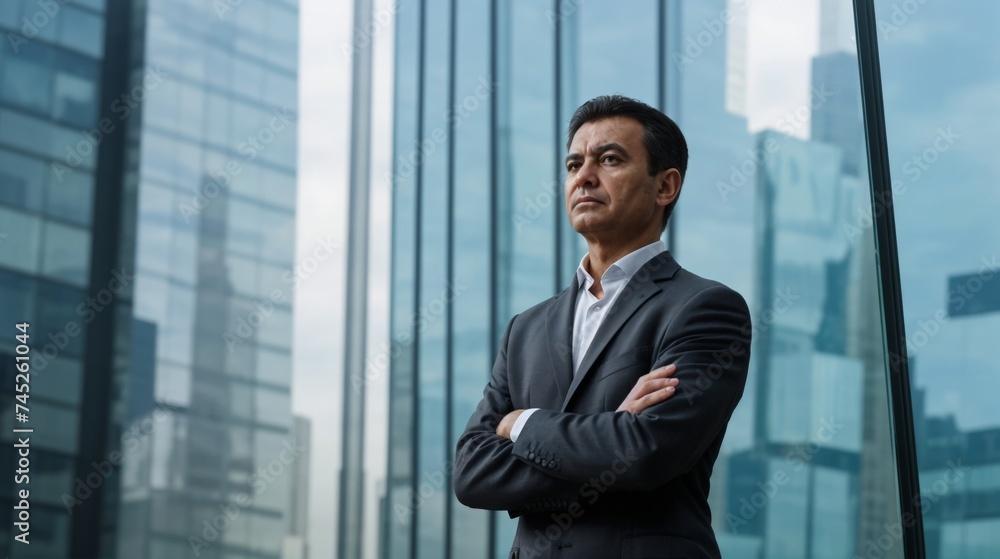 Businessman looking assertive amidst modern skyscrapers Businessman looking assertive amidst modern skyscrapers