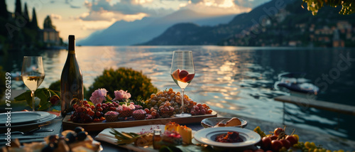 Luxurious lakeside dining with a gourmet spread against a breathtaking sunset backdrop.