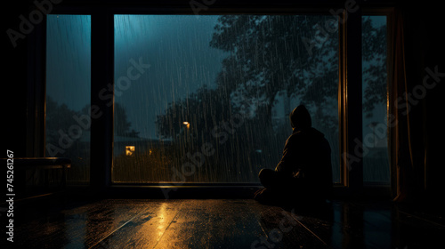 A solitary figure sits by a window, gazing at the night rain, enveloped in contemplation. The scene blends indoor calm with the rhythmic tranquility of rain, evoking a meditative urban serenity.