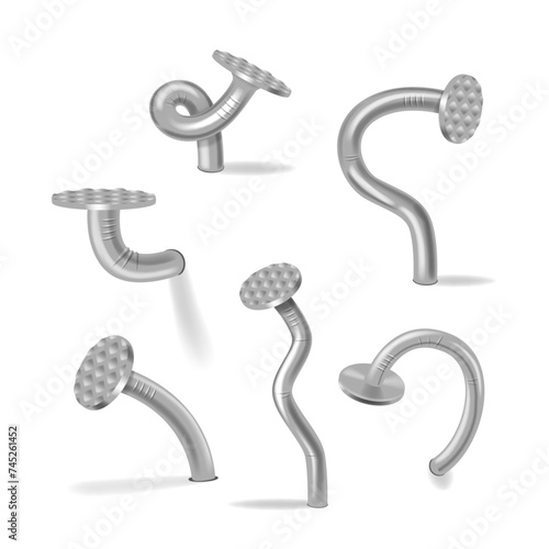 Old Bent Iron Nails Hammered Into Wall, Grey Spikes With Circle Head. Vector Realistic Set Of Metal Pins, Hobnails